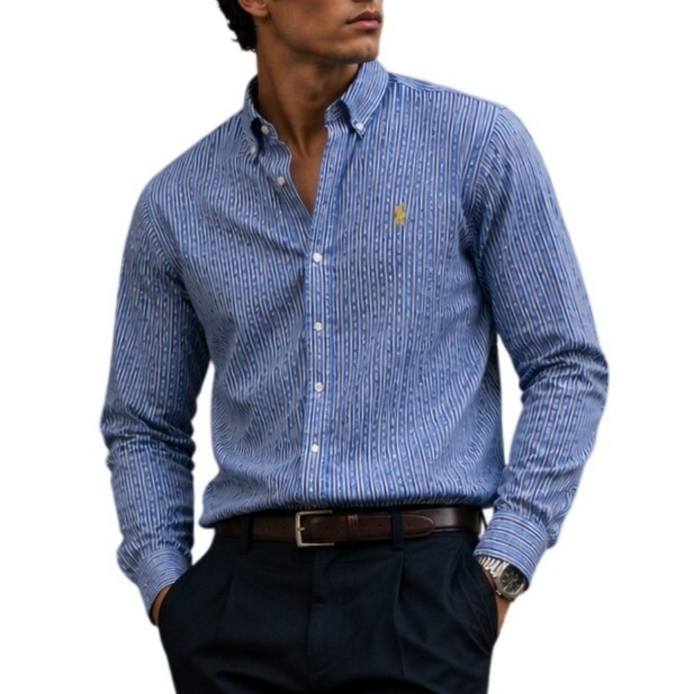 Ralph Lauren Men's Custom Fit Striped Preppy Button‎ Down Shirt Blue Yellow S/P